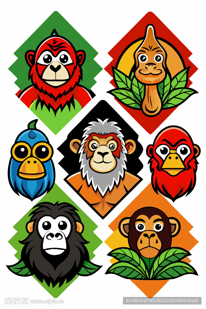 多彩卡通猴子图案集合