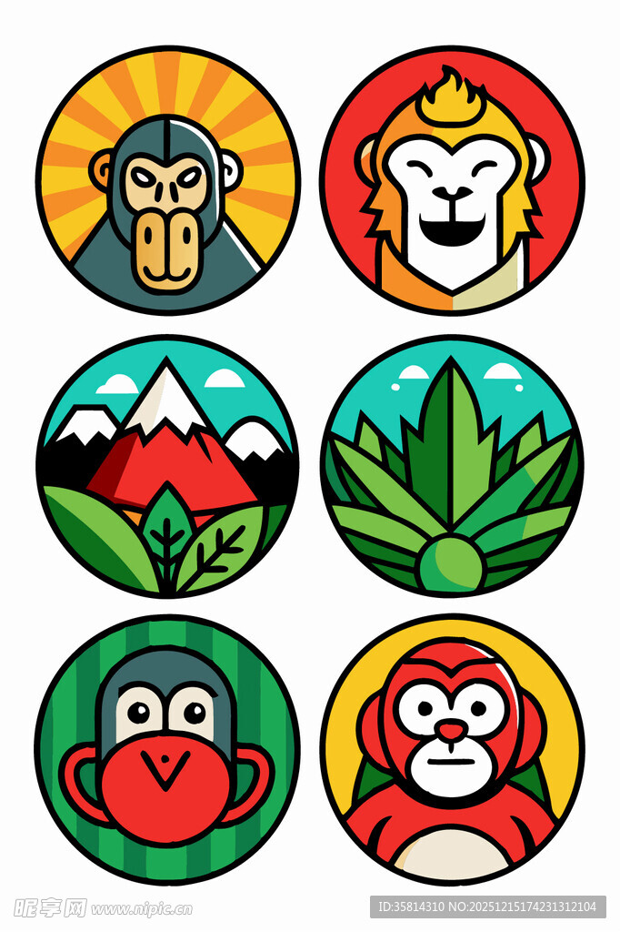 多彩猴子主题圆形图案设计