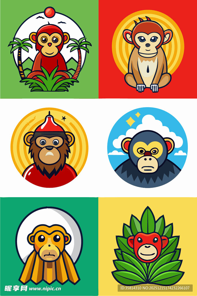 多彩猴子与蘑菇插画