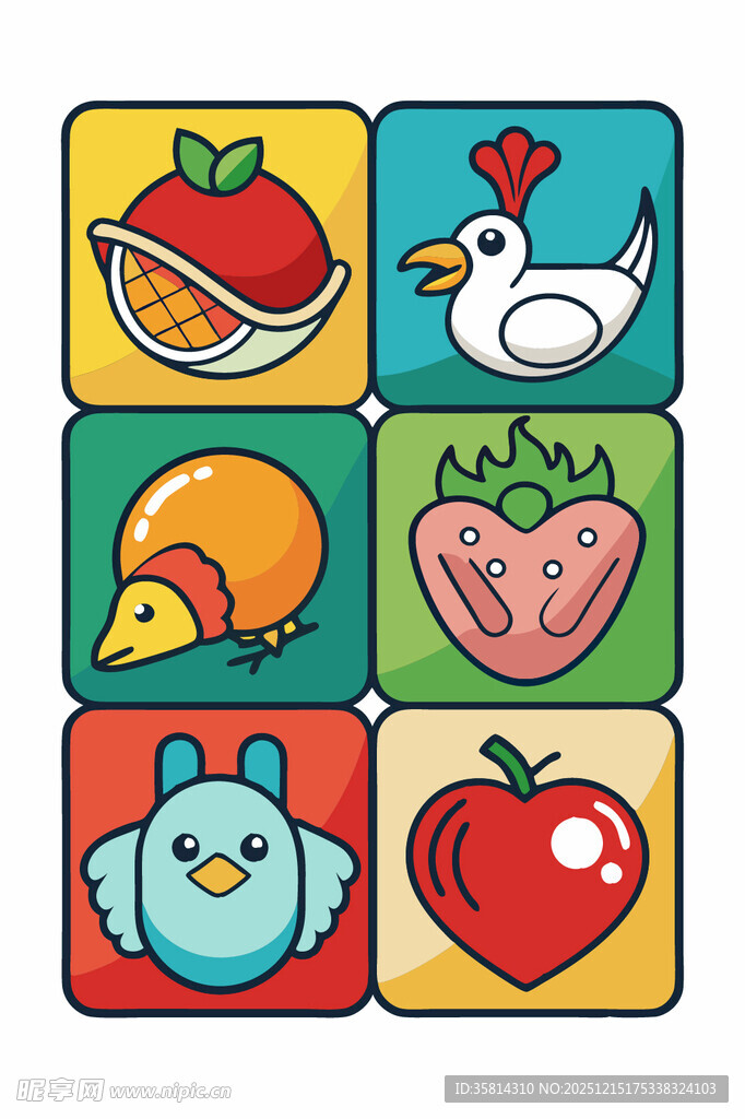 可爱动物与水果图标集合