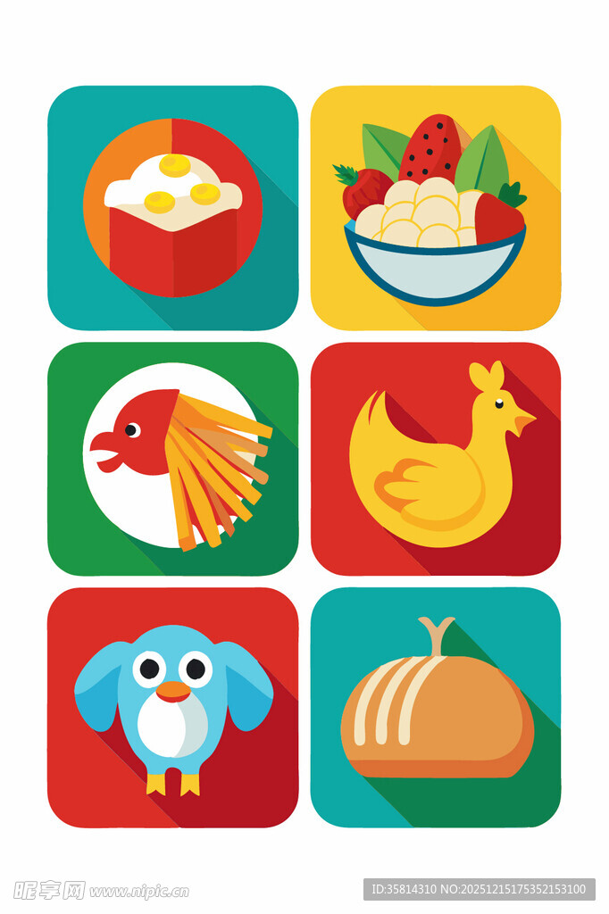 多彩美食与动物图标集合