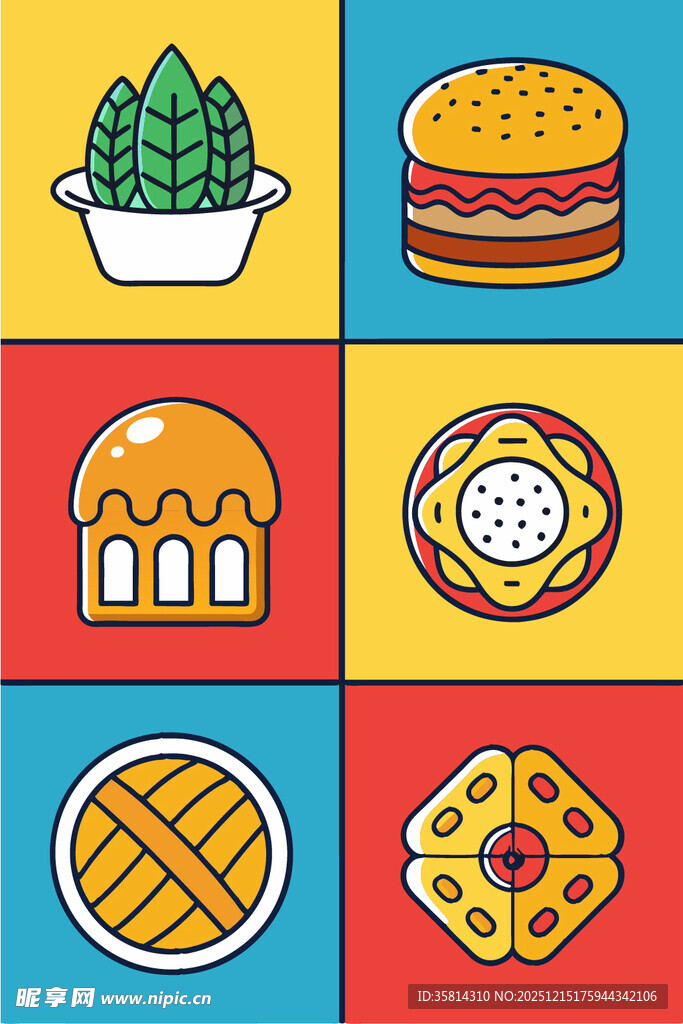 多彩美食与绿植图标集