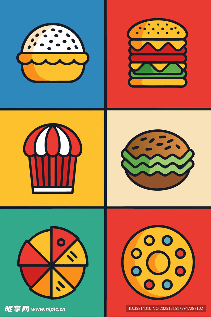 多彩美味的快餐图标集合