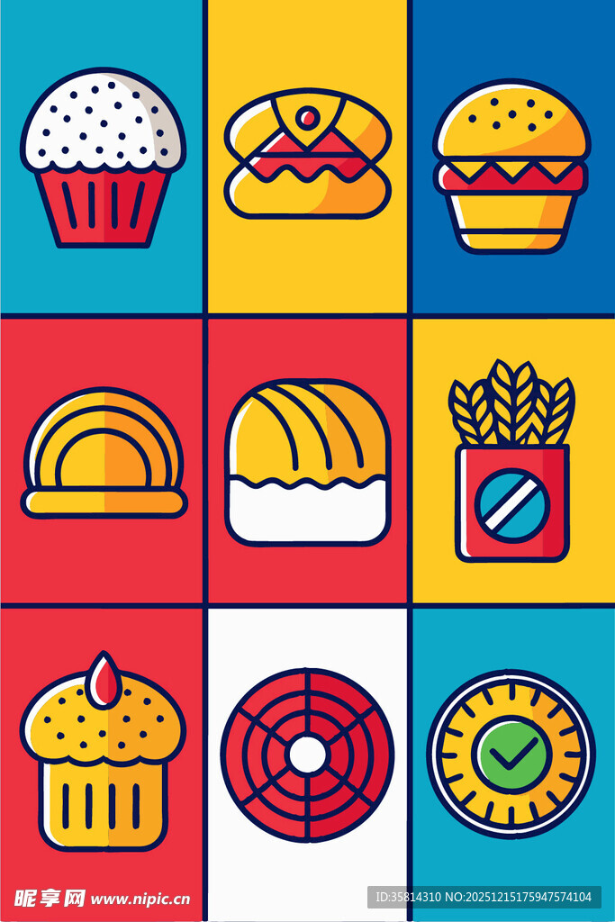 多彩美味糕点与快餐图标