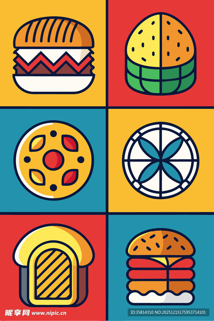 多彩美味快餐图标集合
