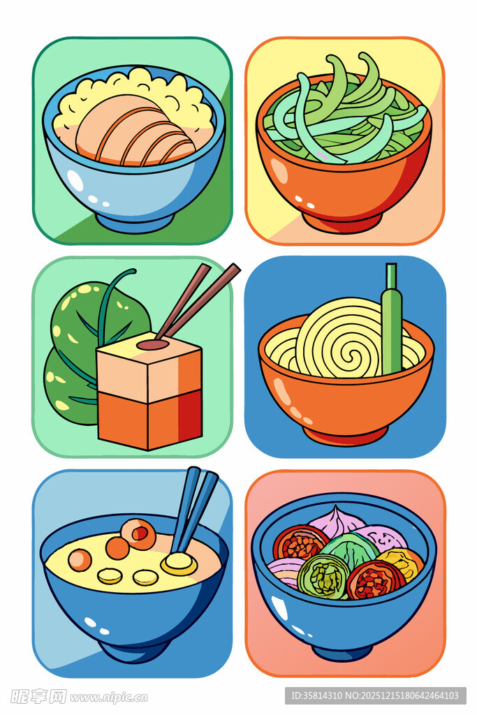 多彩面食与餐食图标集