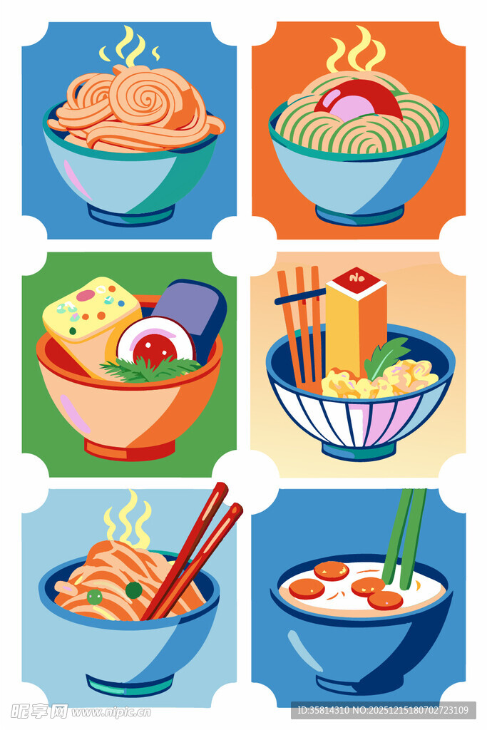 多彩卡通风格美味面食集合