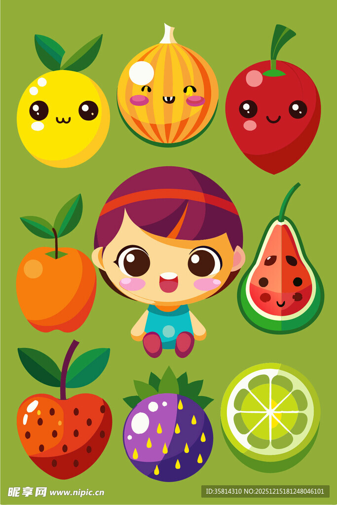 可爱女孩与缤纷水果