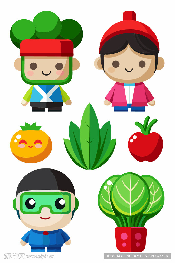 卡通人物与新鲜蔬菜水果
