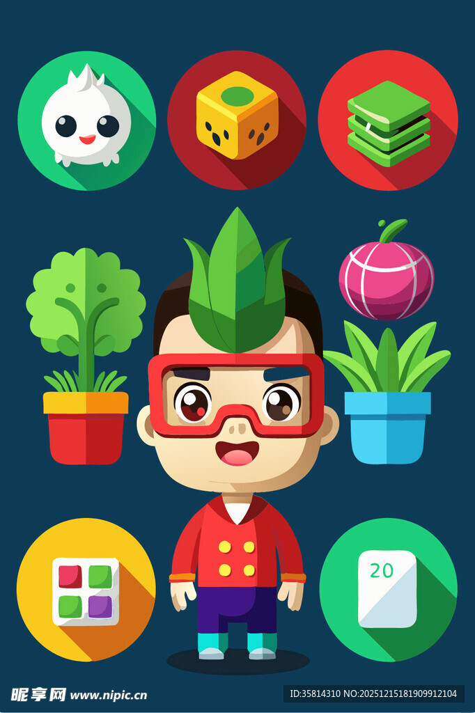 卡通绿植与科技元素组合