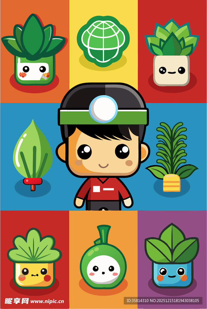 卡通人物与多彩盆栽组合