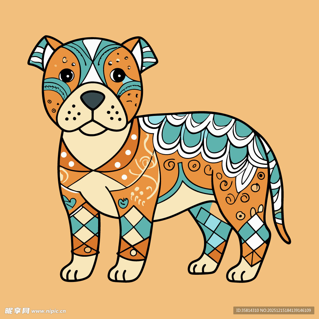 彩色花纹图案的可爱斗牛犬