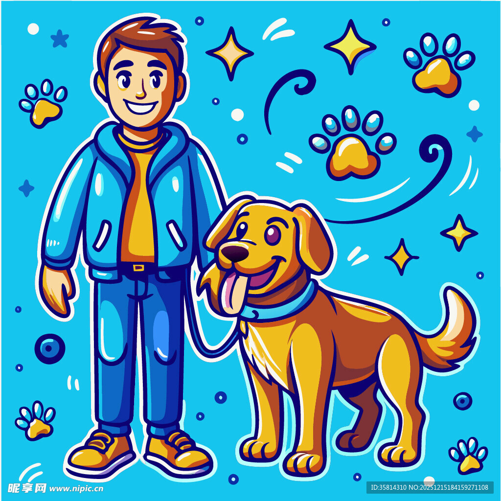 男子牵黄色拉布拉多欢乐场景