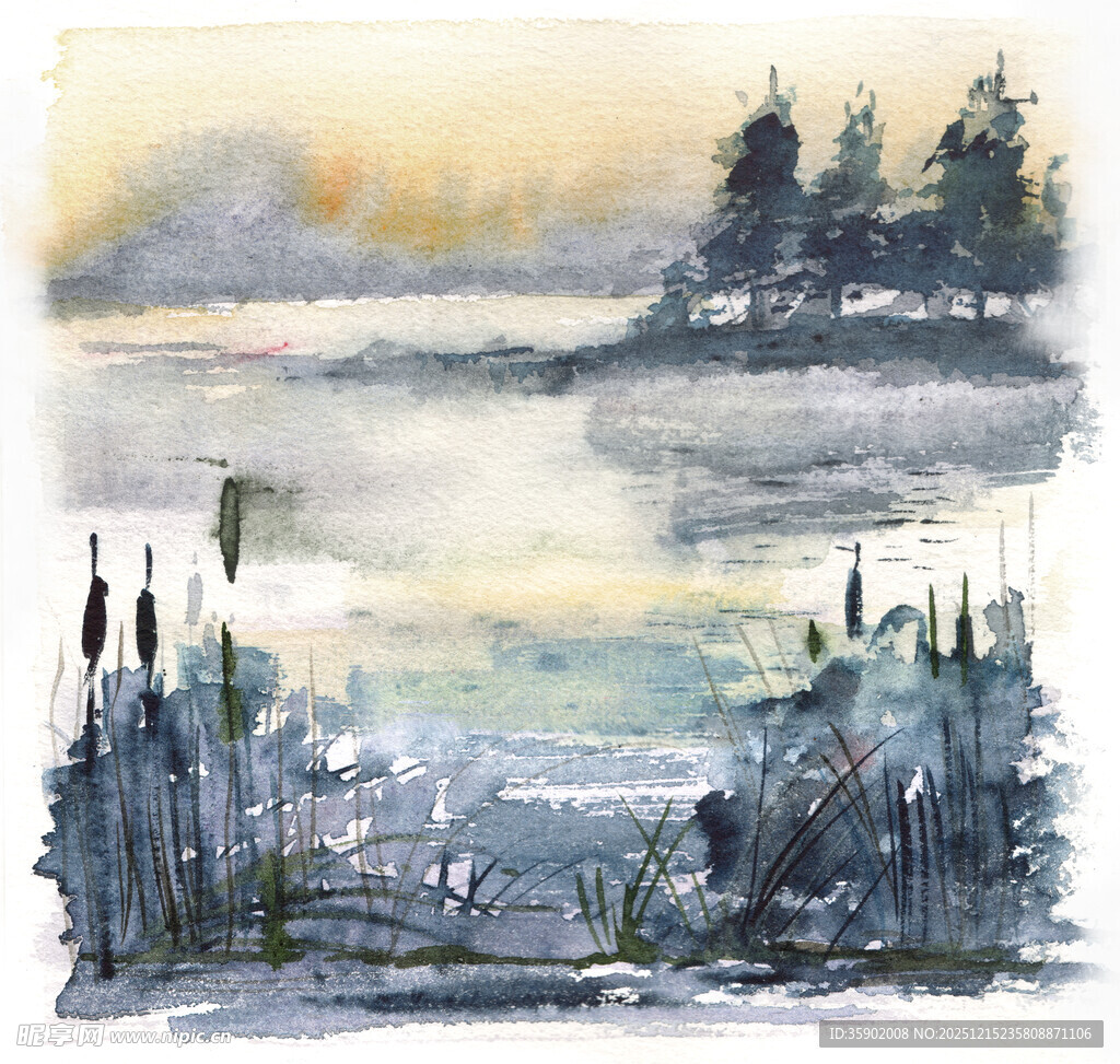 水彩绘就的静谧湖岸风光