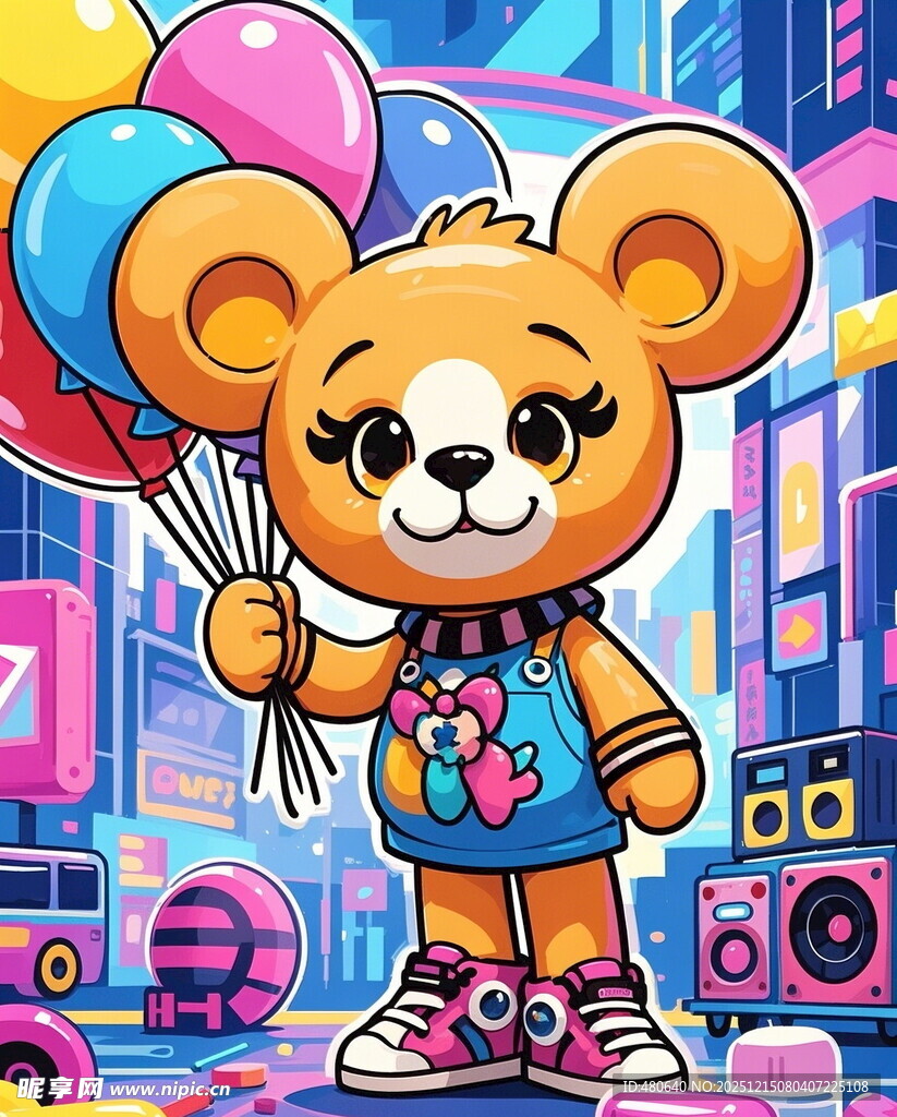潮流小熊手持气球站在都市