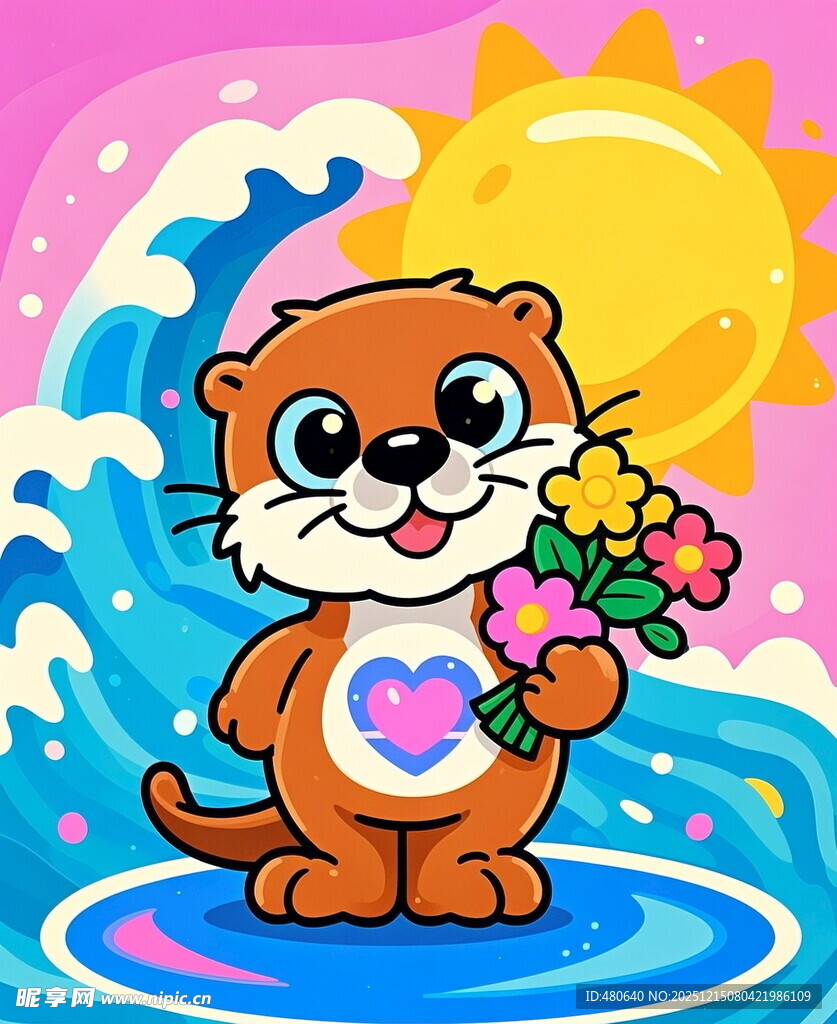 可爱海獭手持鲜花迎朝阳
