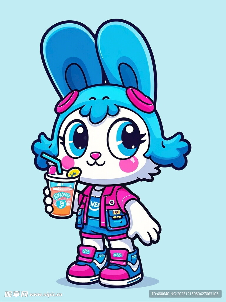 可爱蓝耳兔手持饮料