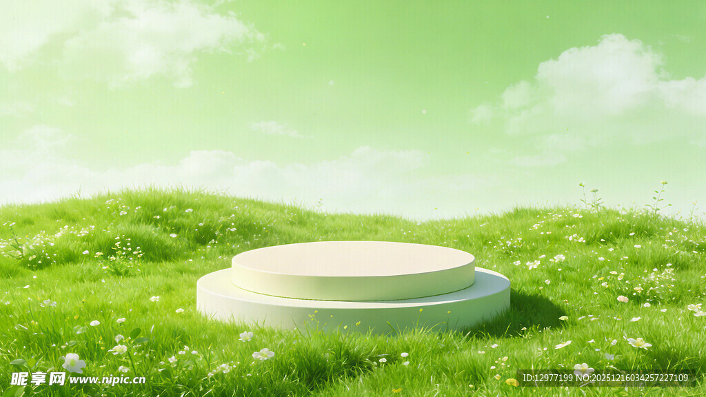 草地中的圆形白色展示台