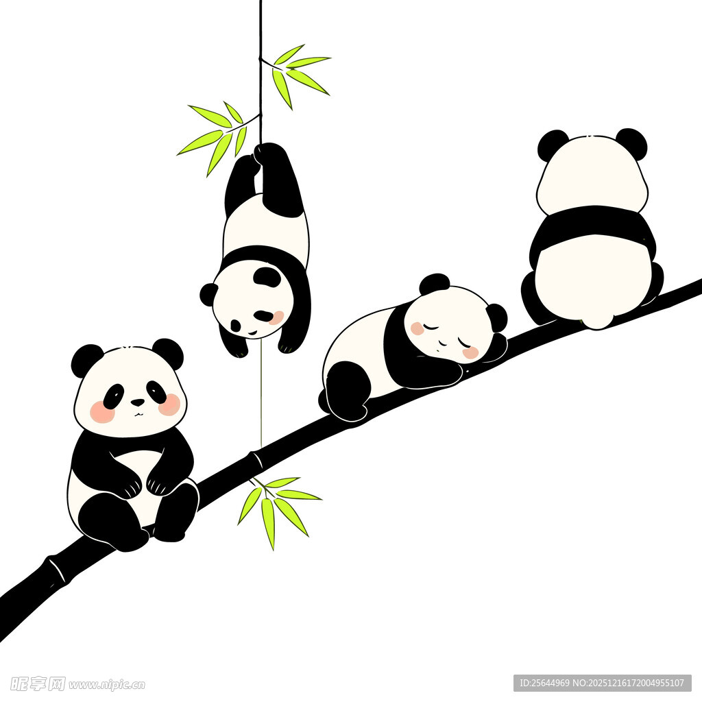 四只熊猫在枝头玩耍