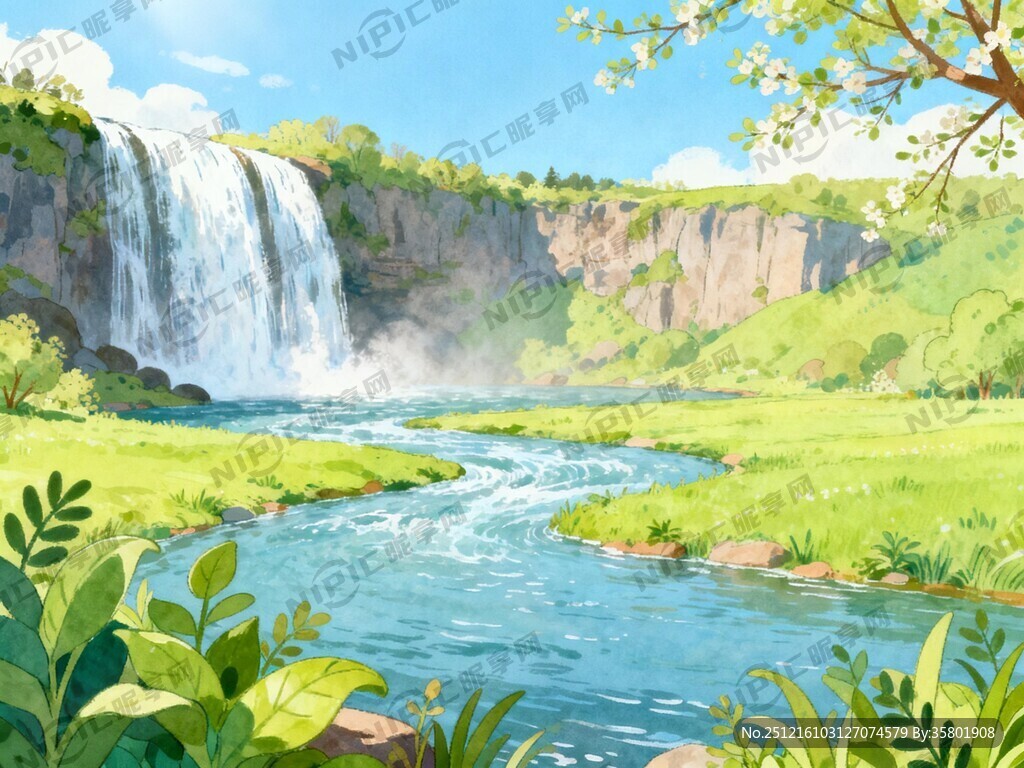 瀑布河流 平原草地 自然风光