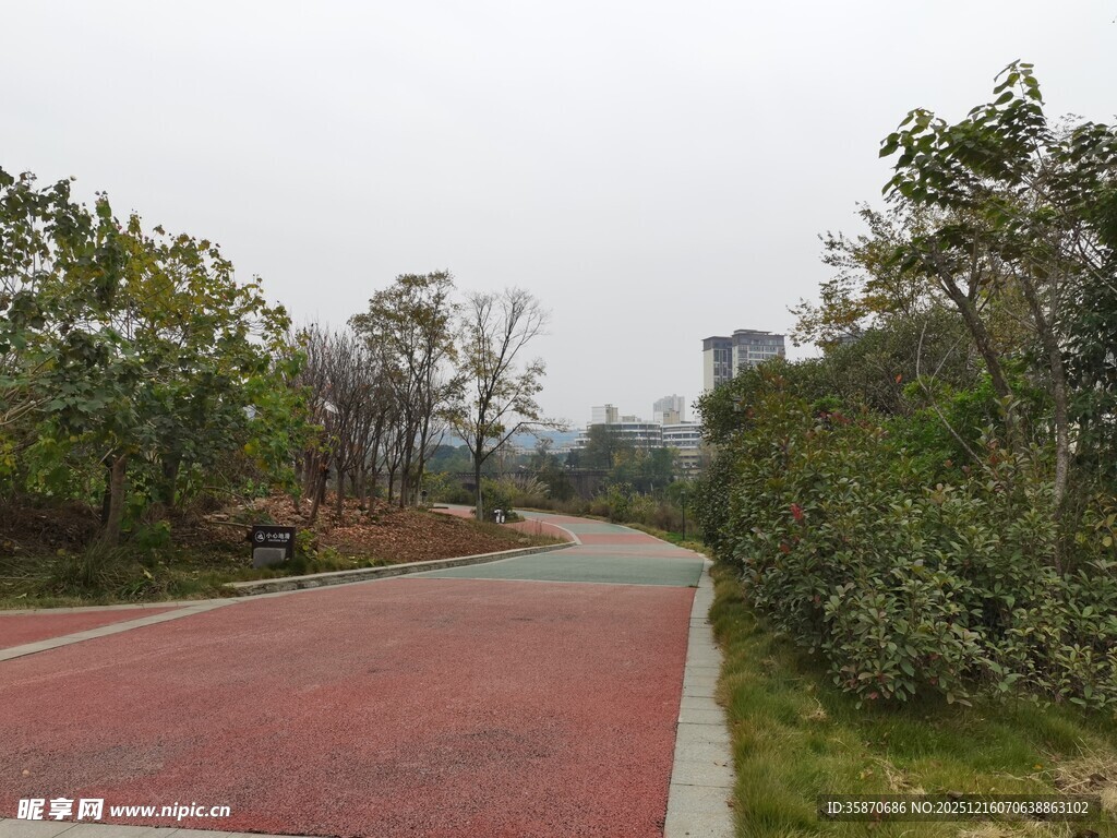 户外红色步道与绿植景观