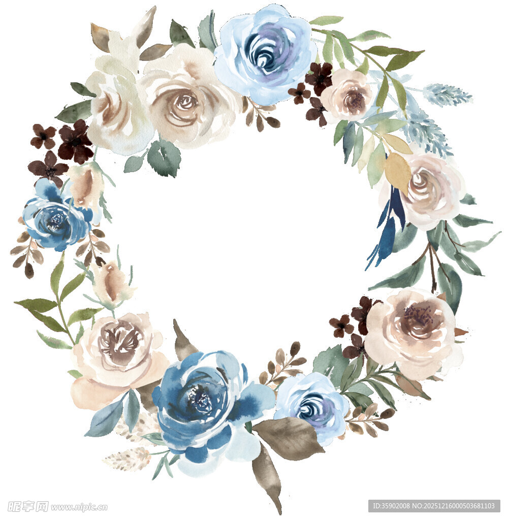 蓝白花卉花环插画