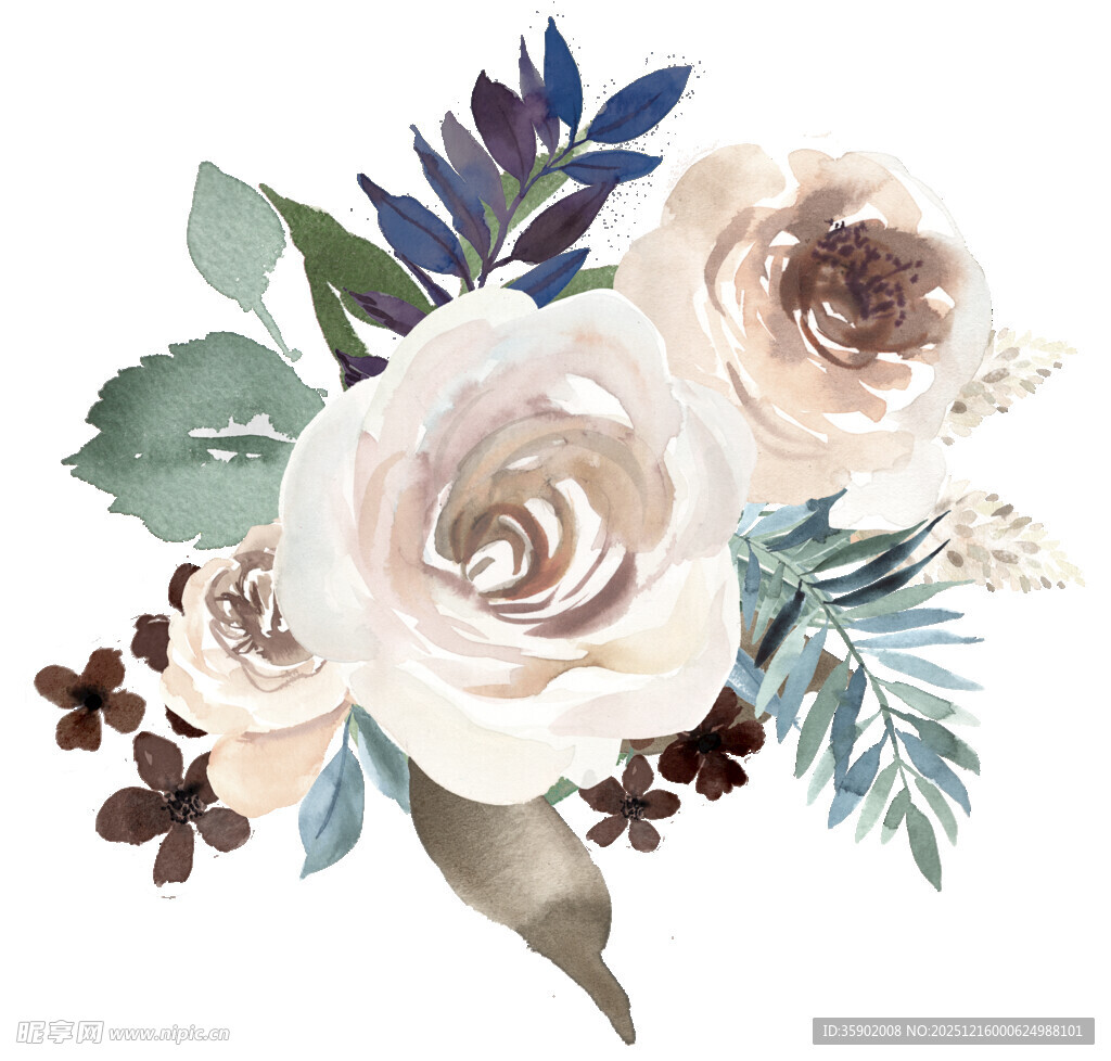 水彩花卉淡雅玫瑰与绿叶