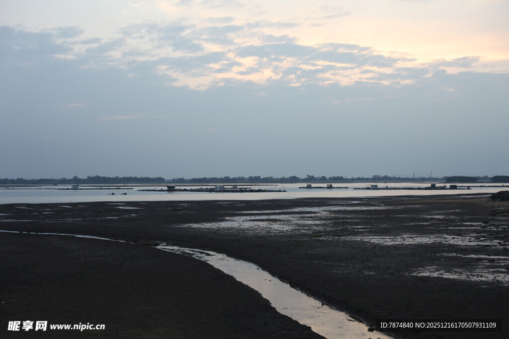 黄昏下的宁静河岸风光
