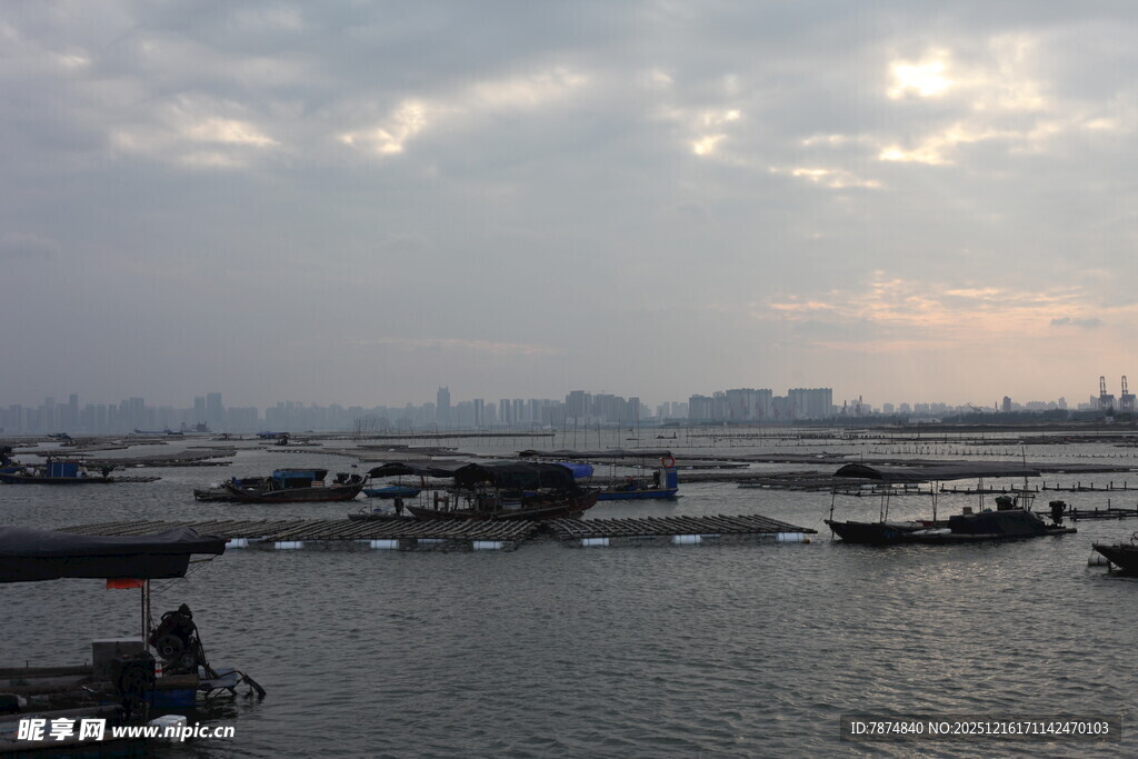 黄昏海港渔船景象