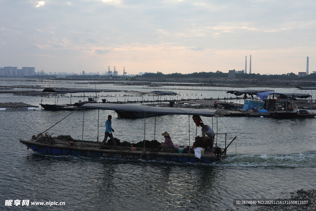 黄昏下的水上渔船场景