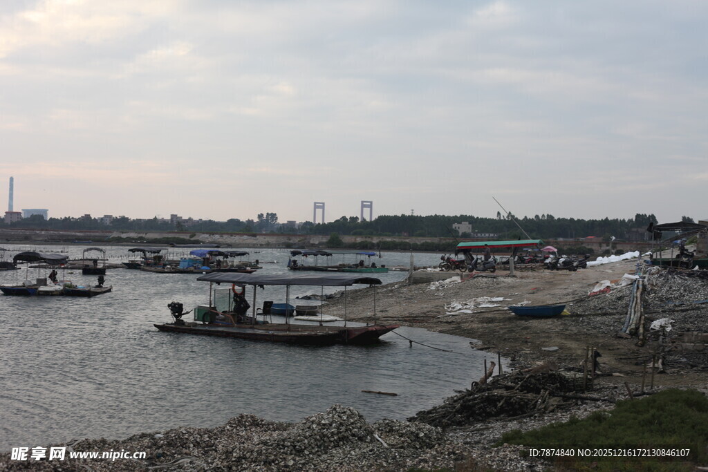 河畔停泊的船只景观