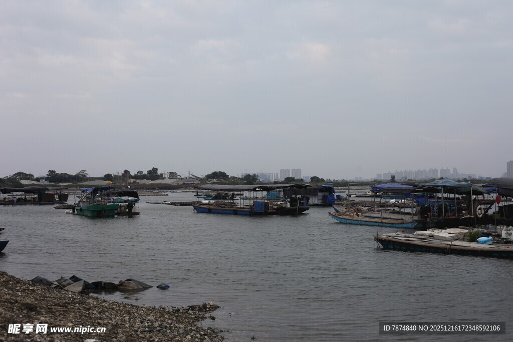 河畔停靠船只的宁静景象