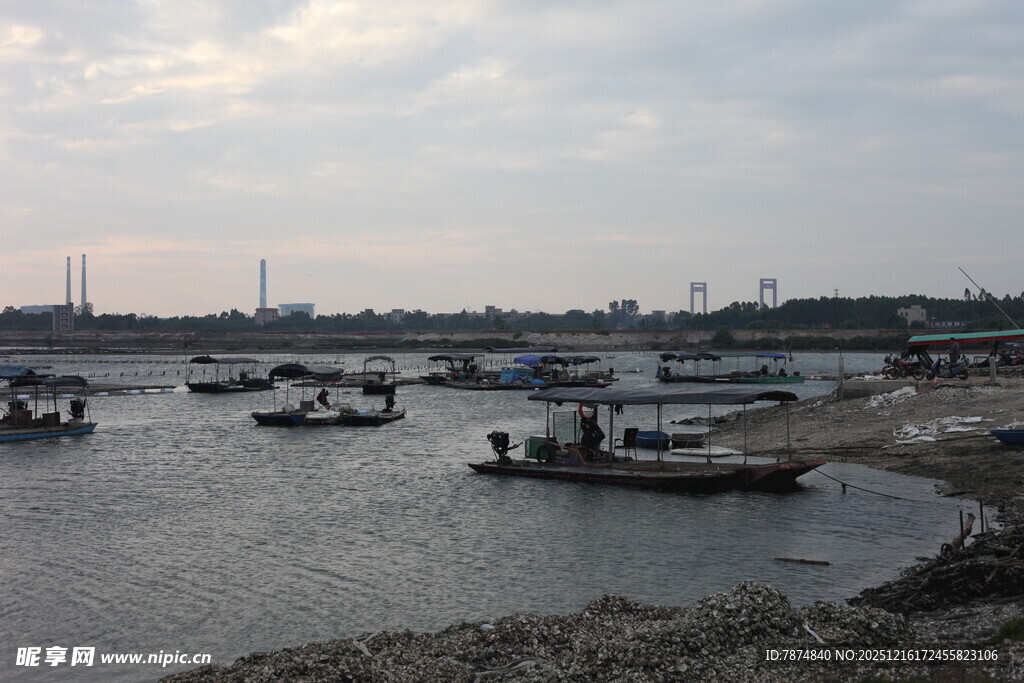 河畔停泊的船只景观