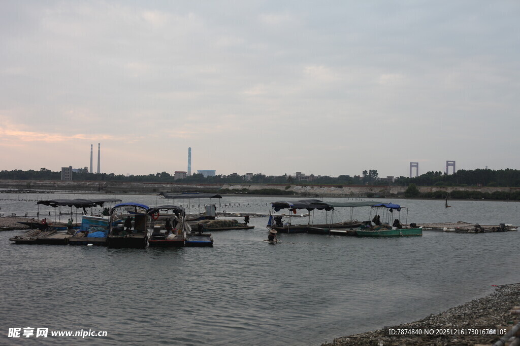 河畔停泊的船只景观