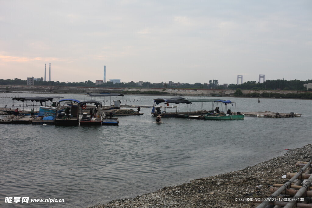 河畔停泊的船只景观