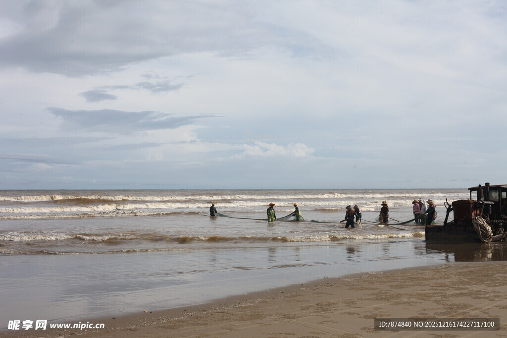 海边人群漫步于沙滩