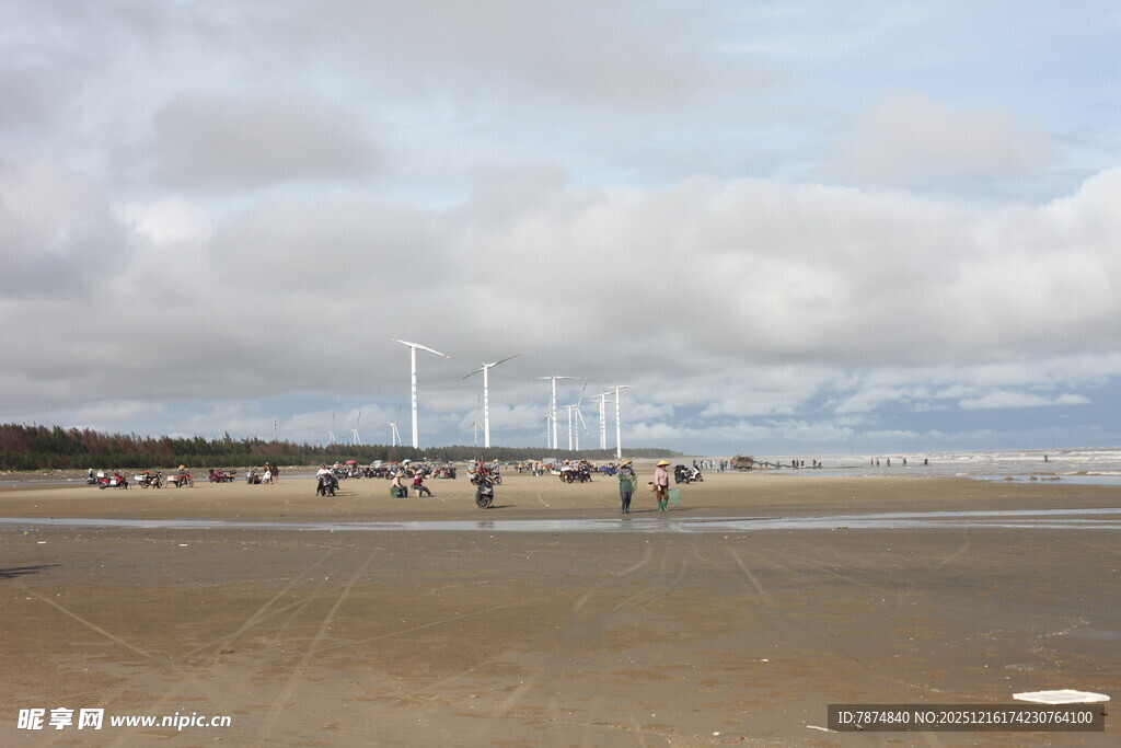 海滩上的人群与远处风车