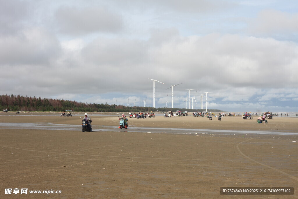 海滩上的休闲人群与风车