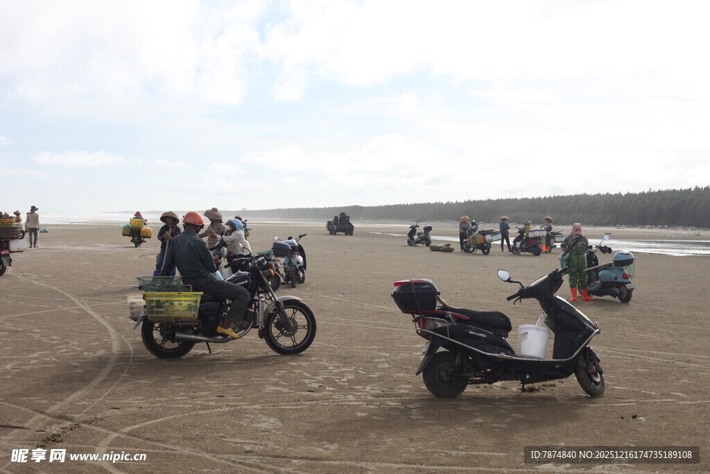 沙滩上的摩托车与人群
