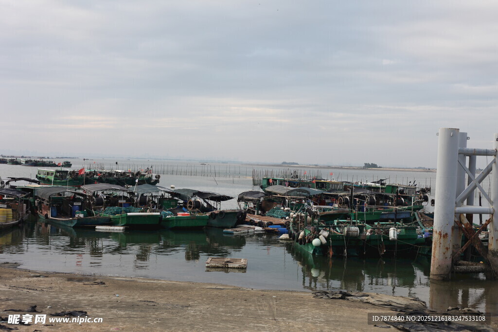 海边停泊的多彩渔船