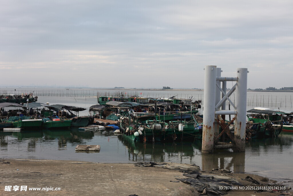 海边停泊的船只与栈桥