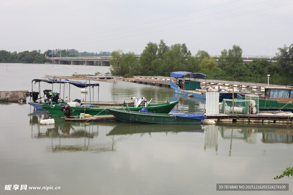 河畔停泊的多彩船只