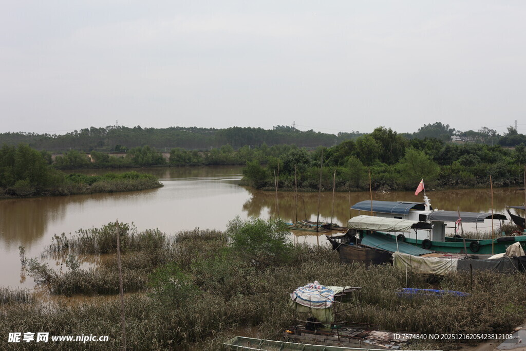 河边停泊的船只与自然景观