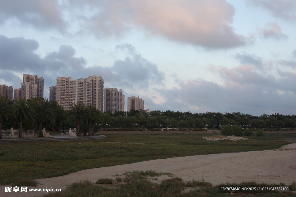 黄昏下的城市与绿地景观