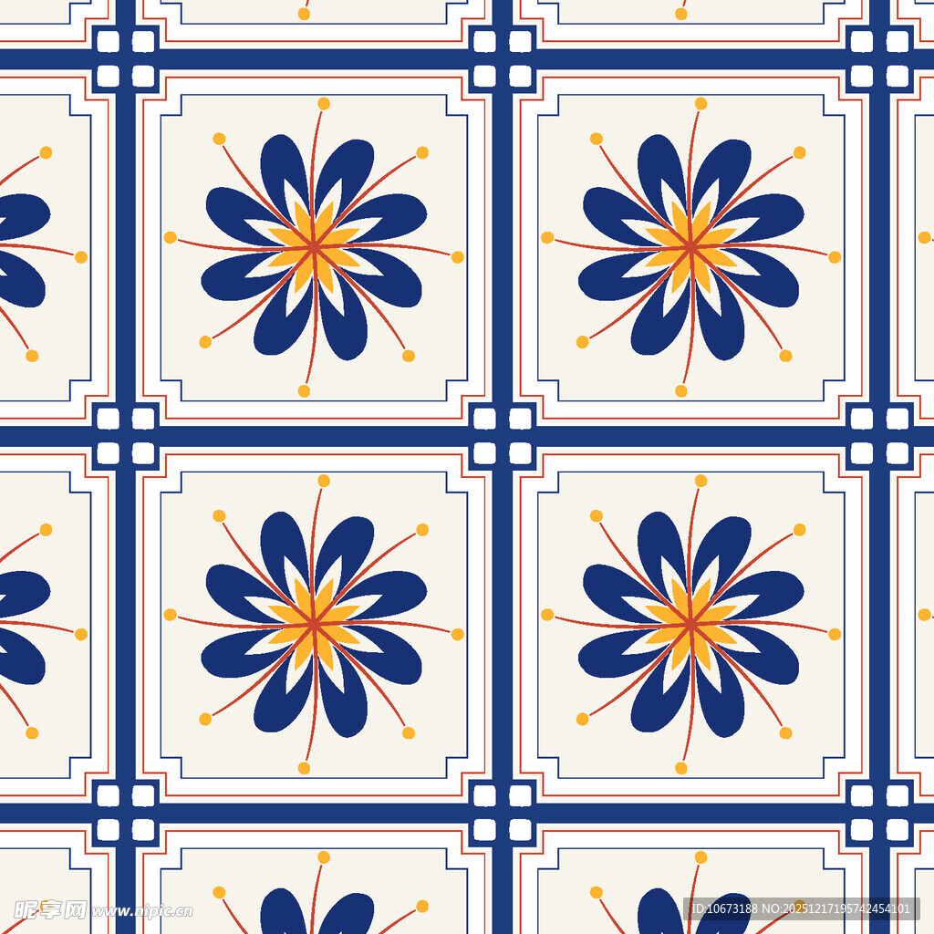 蓝白花朵瓷砖图案设计