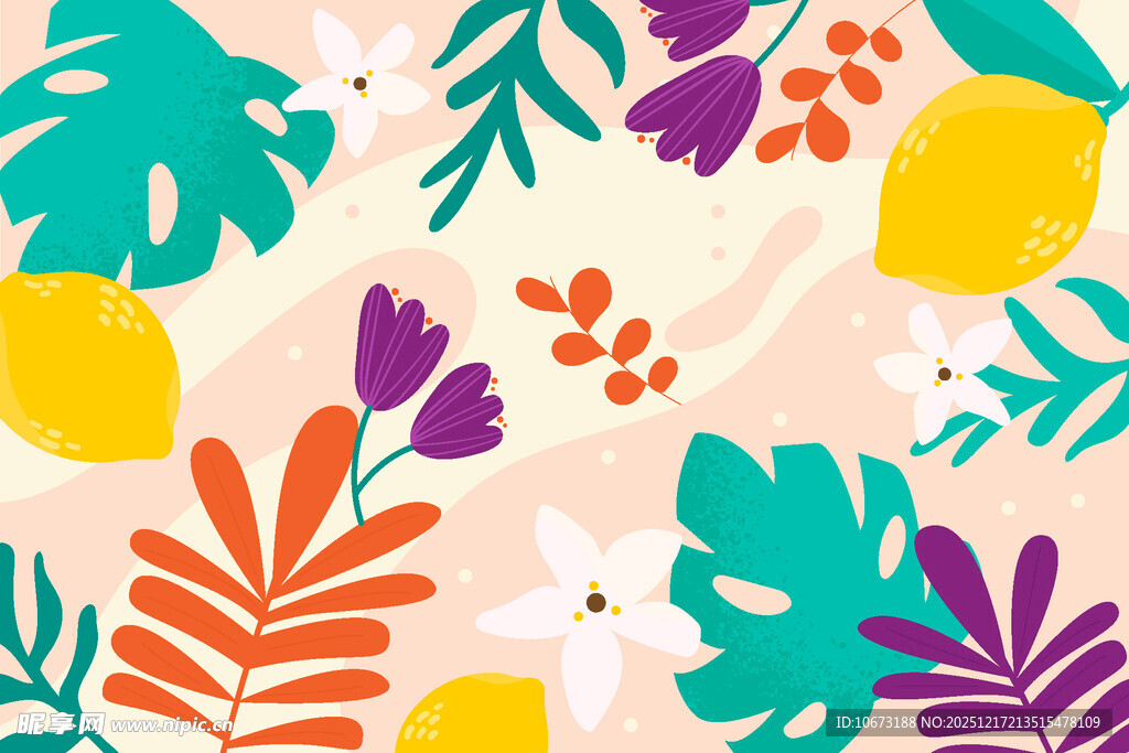 热带花卉柠檬图案背景