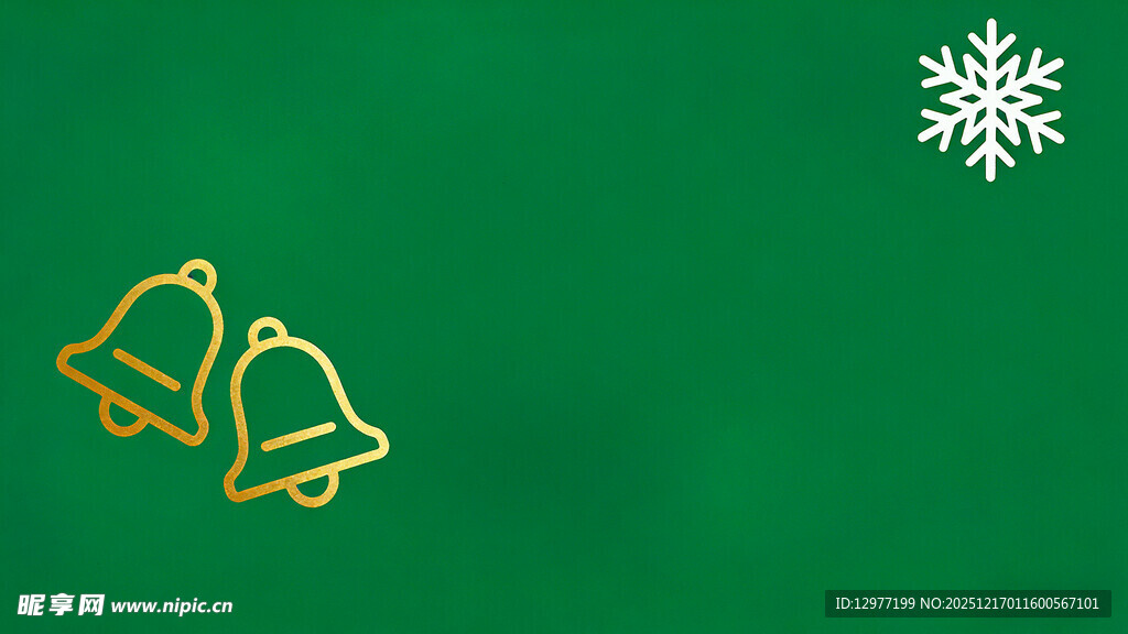 绿色背景上的金色圣诞铃铛