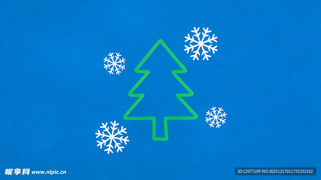 蓝色背景上的圣诞树与雪花