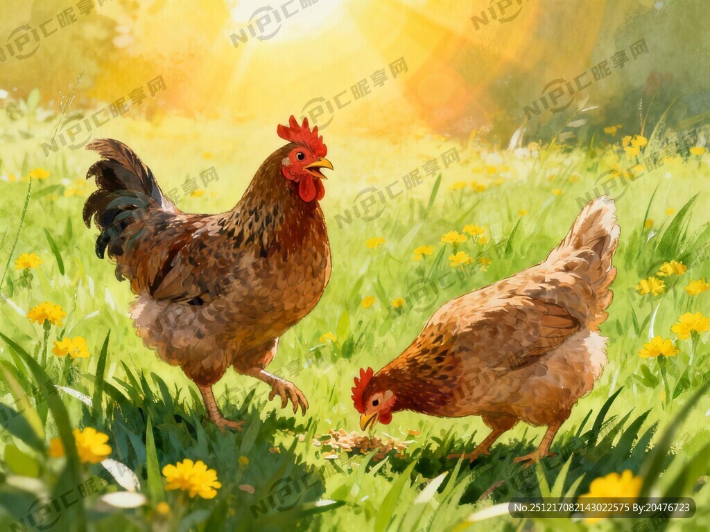 手绘麻鸡 一公一母 手绘风格