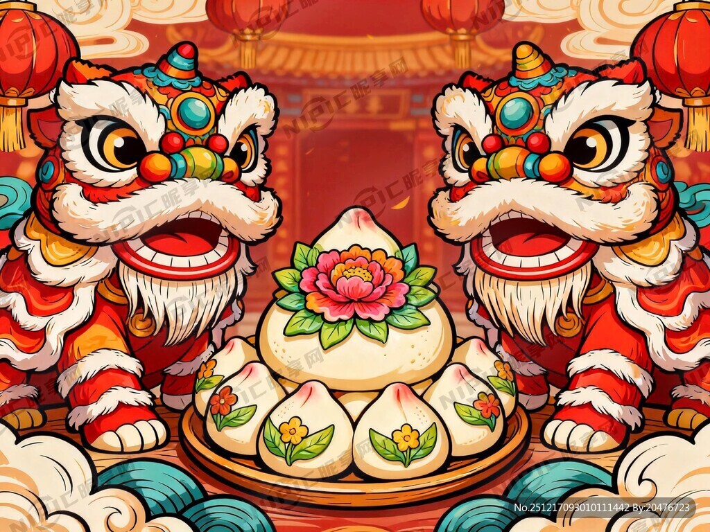 国潮舞狮 手绘风格 节日气氛